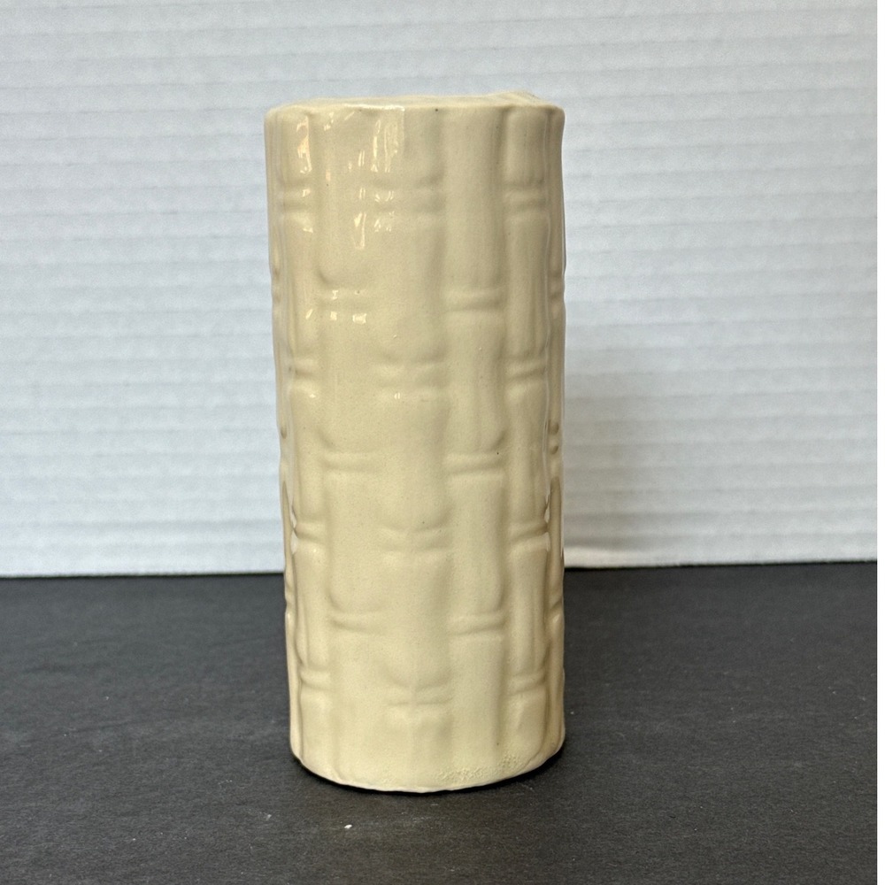Vintage MCM Shawnee Pottery Faux Bamboo Ceramic Bud Vase Cream Off White 5.5in